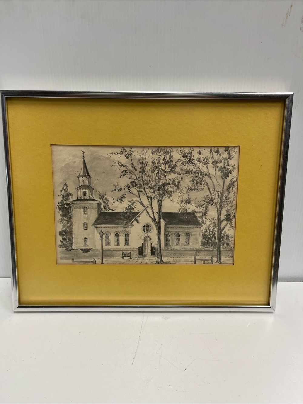 1972 Framed Williamsburg Virginia Bauton Parish Church Fout Art Drawing